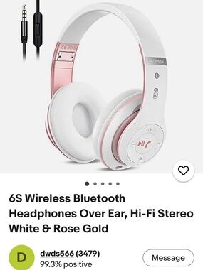 6S Wireless Bluetooth Over-Ear Headphones - White & Rose Gold